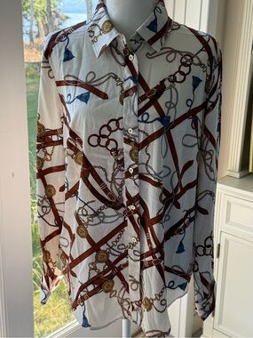 Talbots White Button-Down Shirt with Brown Chain and Blue Tassel Print
